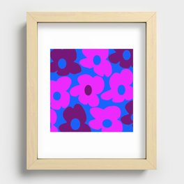 Large Pink and Purple Retro Flowers Blue Background #decor #society6 #buyart Recessed Framed Print