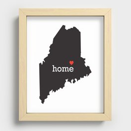 Maine home state - black state map with Home written in white serif text with a red heart. Recessed Framed Print