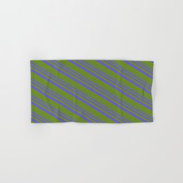 [ Thumbnail: Slate Blue & Green Colored Pattern of Stripes Hand & Bath Towel ]