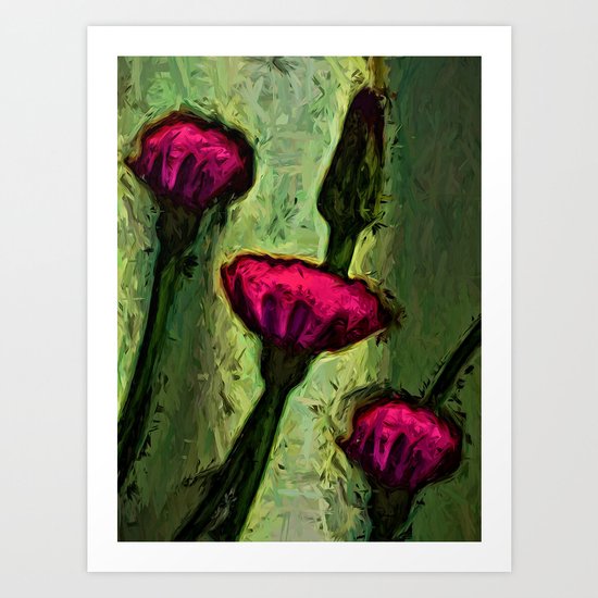 Hot Pink Dandelion Flowers with Golden Green Art Print