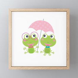  Two frogs huddle under an umbrella Framed Mini Art Print