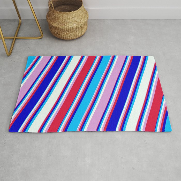 Colorful Plum, Crimson, Blue, Deep Sky Blue, and Mint Cream Colored Lined/Striped Pattern Rug