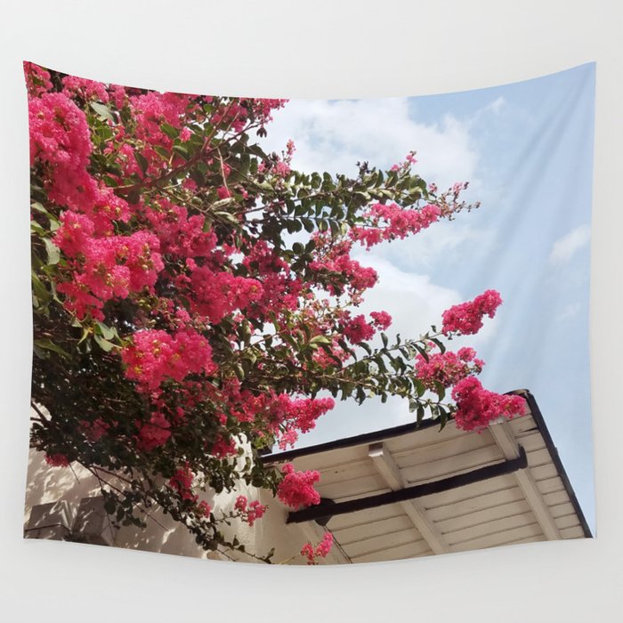 Pink Crepe Myrtle Tree | Pink Flowers In Full Bloom Next To A Shotgun House In New Orleans Wall Tapestry