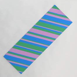 [ Thumbnail: Blue, Sea Green, and Plum Colored Pattern of Stripes Yoga Mat ]