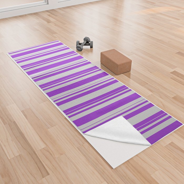 Light Gray & Dark Orchid Colored Striped/Lined Pattern Yoga Towel