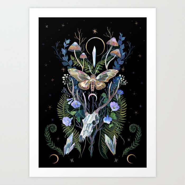 Deer Skull Crystals Garden Art Print