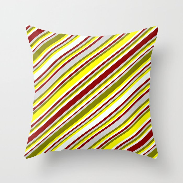 Eyecatching Green, Yellow, Mint Cream, Dark Red, and Light Gray Colored Lined Pattern Throw Pillow
