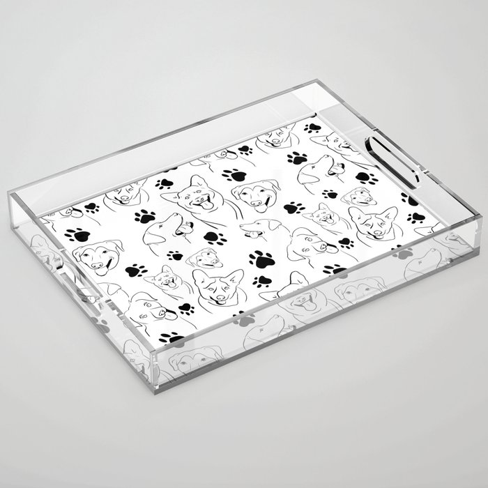 Happy Dogs with paw prints black and white Acrylic Tray