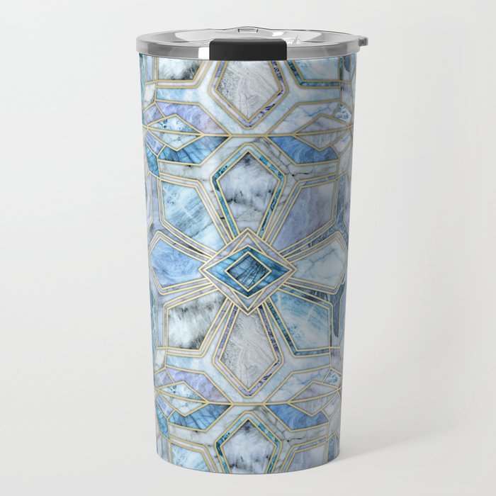 Geometric Gilded Stone Tiles in Soft Blues Travel Mug