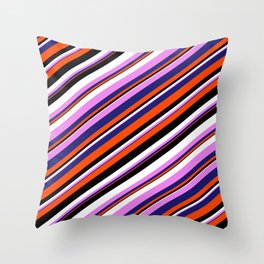 [ Thumbnail: Eyecatching Violet, Midnight Blue, Red, Black & White Colored Lines/Stripes Pattern Throw Pillow ]