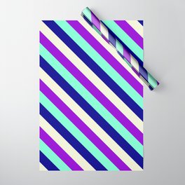 [ Thumbnail: Dark Violet, Aquamarine, Dark Blue & Beige Colored Lines Pattern Wrapping Paper ]