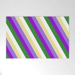 [ Thumbnail: Colorful Tan, Purple, Dark Violet, Forest Green, and White Colored Stripes/Lines Pattern Welcome Mat ]