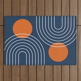 Mid Century Modern Geometric 83 in Navy Blue and Orange (Rainbow and Sun Abstraction) Outdoor Rug