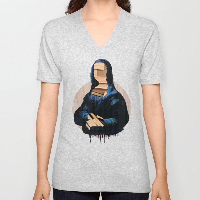 Mona Lisa - blue shining WoodCut Collage 2 V Neck T Shirt