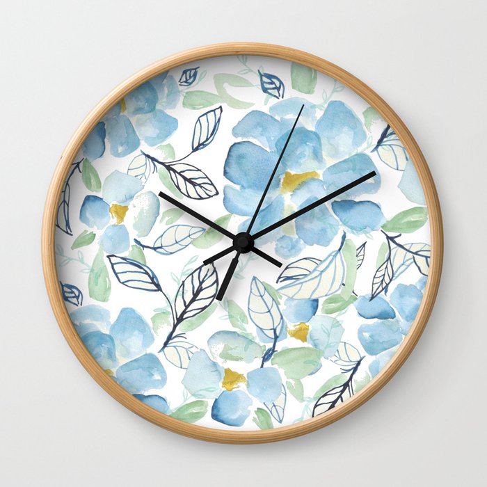 Blue flower garden watercolor Wall Clock