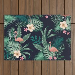  seamless tropical pattern with lush foliage, flowers, pink flamingos. Exotic floral design with monstera leaves, areca palm leaf, hibiscus, frangipani.  Outdoor Rug