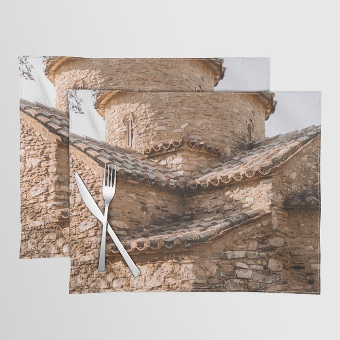 Greek Church in Brown Bricks | Summer Scenery on the Island of Naxos, Greece | European Summer | Travel Photography Placemat