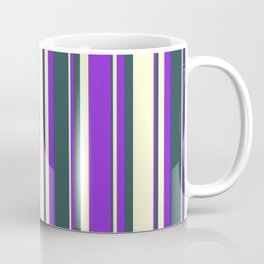 [ Thumbnail: Dark Slate Gray, Light Yellow, and Purple Colored Lines/Stripes Pattern Coffee Mug ]
