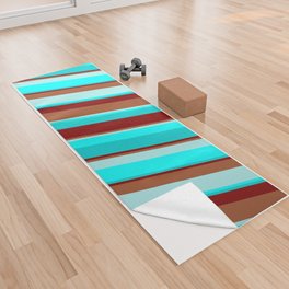 [ Thumbnail: Maroon, Sienna, Turquoise, Cyan, and Dark Turquoise Colored Stripes/Lines Pattern Yoga Towel ]