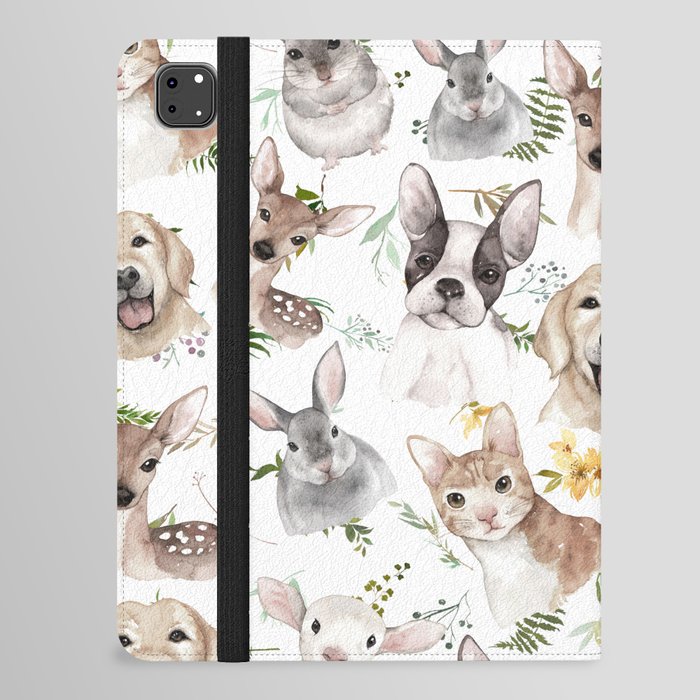 Watercolor black white brown forest animals green foliage floral  iPad Folio Case