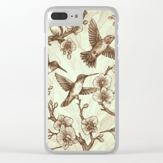 Sepia Hummingbird Pattern Clear iPhone Case