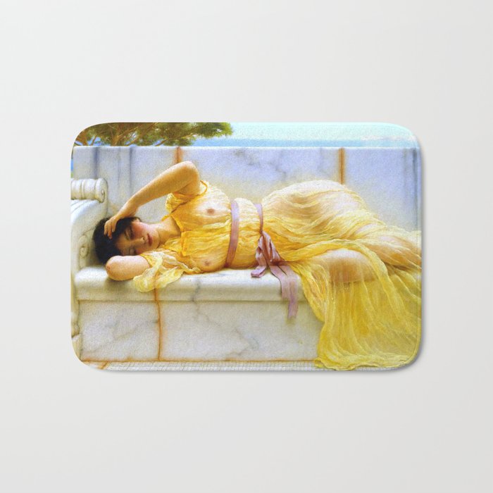 Girl in Yellow Drapery , jw godward "Girl with a beautiful transparent Summer Dress" John William Go Bath Mat