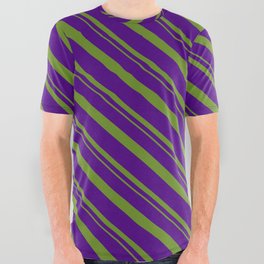 [ Thumbnail: Indigo and Green Colored Striped/Lined Pattern All Over Graphic Tee ]