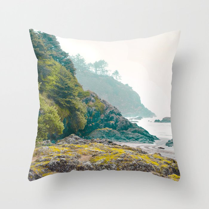 Misty Northwest Coastline Pacific Ocean Beach Nautical Decor PNW Art Beards Hollow Throw Pillow