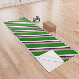 [ Thumbnail: Purple, Light Salmon, Green, White, and Black Colored Striped/Lined Pattern Yoga Towel ]