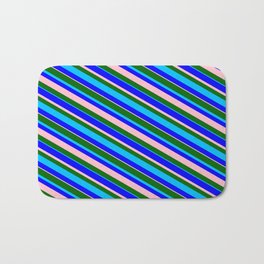 [ Thumbnail: Dark Green, Deep Sky Blue, Blue & Pink Colored Stripes/Lines Pattern Bath Mat ]