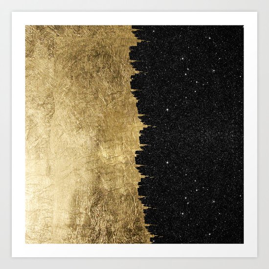 Faux Gold & Black Starry Night Brushstrokes Art Print