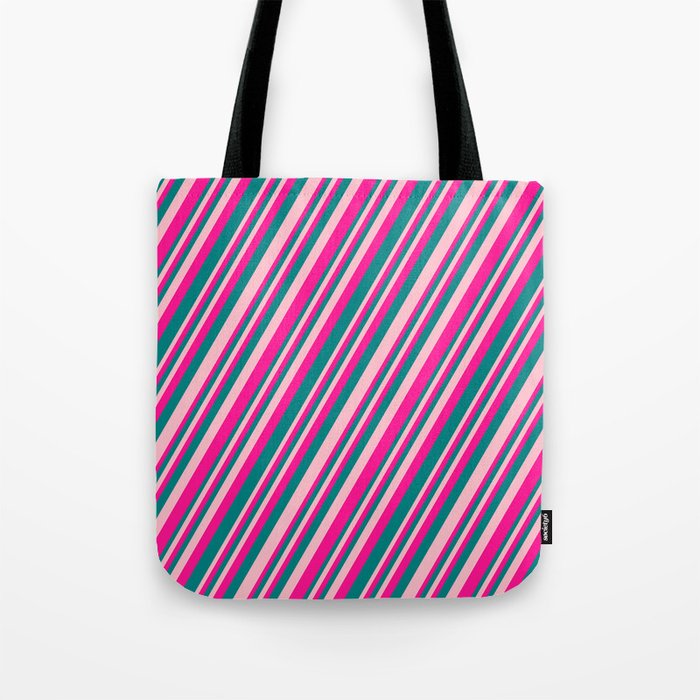 Pink, Deep Pink, and Teal Colored Striped Pattern Tote Bag