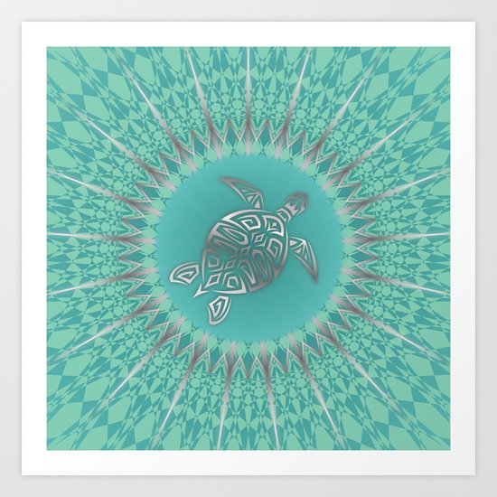 Turquoise Silver Turtle And Mandala Art Print