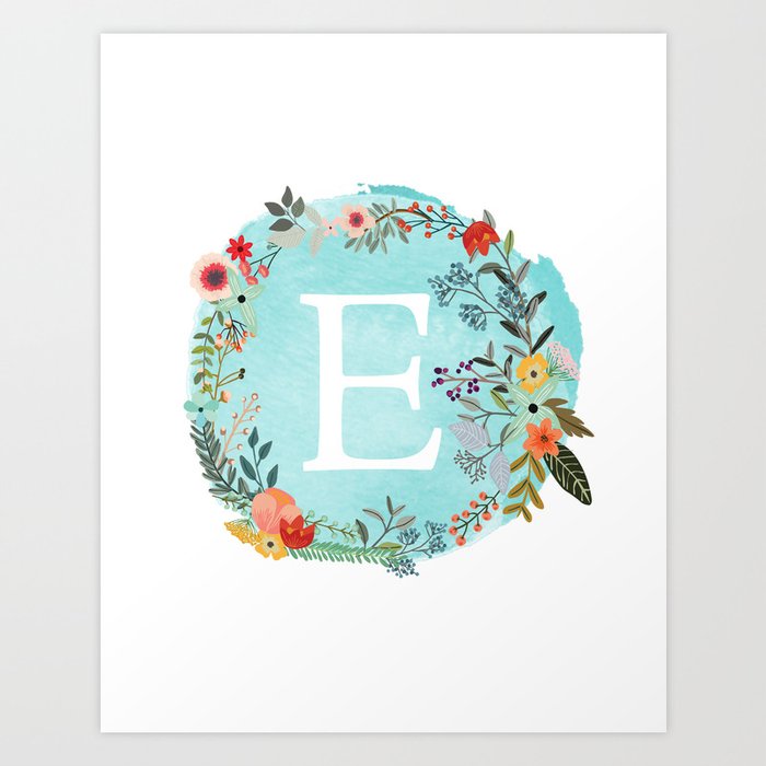 personalized monogram initial letter e blue watercolor flower wreath artwork art print by aba2life society6