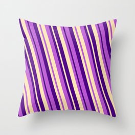[ Thumbnail: Beige, Indigo & Orchid Colored Lines Pattern Throw Pillow ]