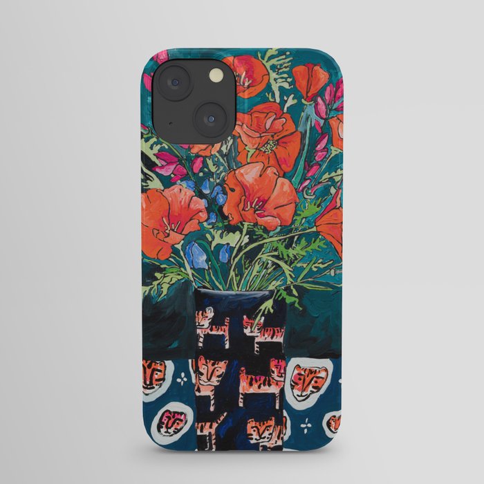 California Poppy and Wildflower Bouquet on Emerald with Tigers Still Life Painting iPhone Case