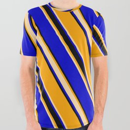 [ Thumbnail: Orange, Tan, Blue, and Black Colored Striped Pattern All Over Graphic Tee ]