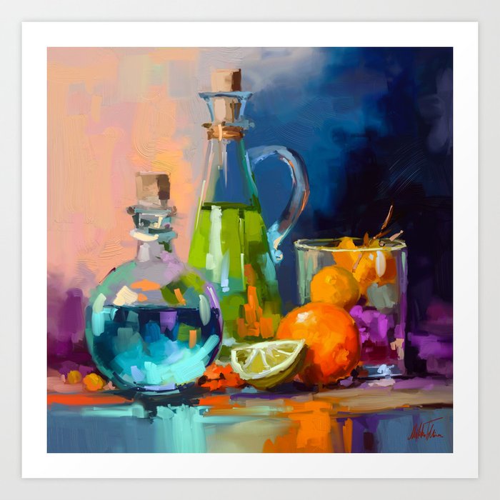 Fruits and bottles, beautiful stillife digital oil painting Art Print