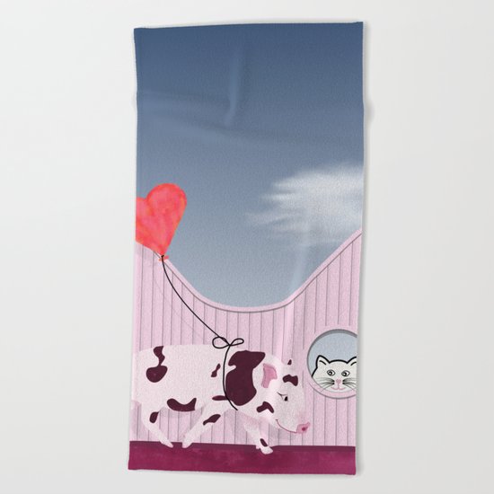 Baby Pig and Cat Design Beach Towel