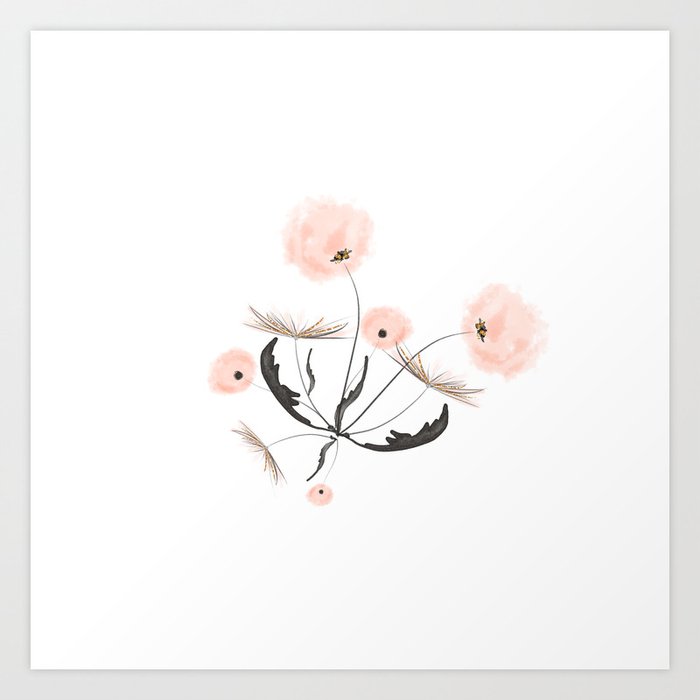 Sweet dandelions in pink - Floral Watercolor illustration with Glitter Art Print