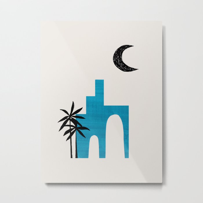 Teal Blue Ancient Ruin Minimalist Mid Century Modern Architecture Moon Lit Palm Tree by Ejaaz Haniff Metal Print
