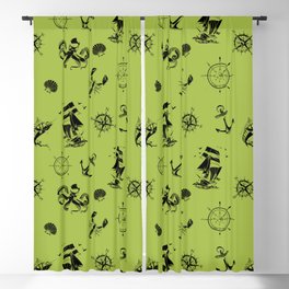Light Green And Black Silhouettes Of Vintage Nautical Pattern Blackout Curtain