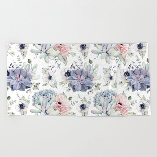 Succulents Blue + Rose Pink on White Beach Towel