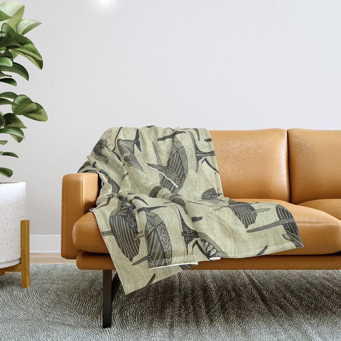 whales and waves natural Throw Blanket