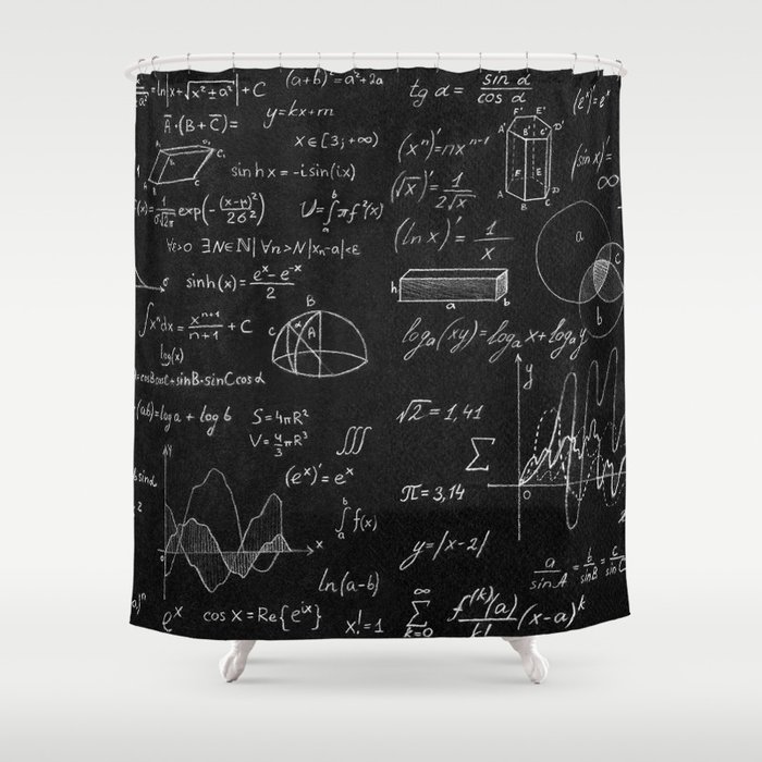 Blackboard inscribed with scientific formulas and calculations in physics and mathematics. Science and education background. Shower Curtain