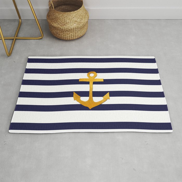 Marine pattern - blue white striped with golden anchor Rug