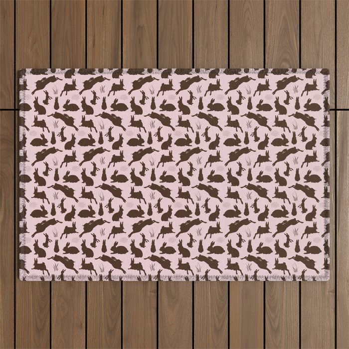Rabbit Pattern | Rabbit Silhouettes | Bunny Rabbits | Bunnies | Hares | Pink and Brown | Outdoor Rug