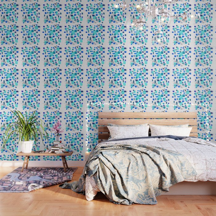 Minimalist Abstract Juvenile Colorful Aqua Blue Shapes Pattern Mid century Modern Wallpaper