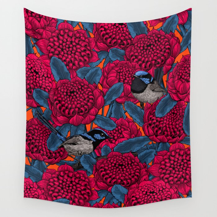 Red waratah and fairy wrens  Wall Tapestry