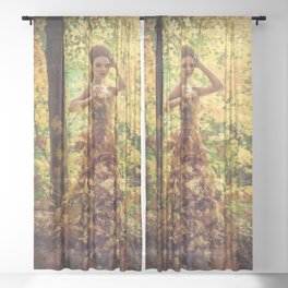Autumn leaves; female wearing gown dress of leaves magical realism fantasy color portrait photograph / photograph  Sheer Curtain